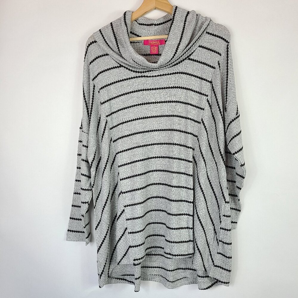 Catherine Malandrino Cowl Neck Striped Knit Tunic Sweater Gray Black 1X